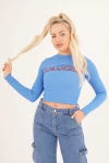 Mavi Bisiklet Yaka Baskılı Pamuklu Crop Bluz CO-2523254241