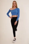 Mavi Tek Omuz Dekolteli Uzun Kol Kaşkorse Bluz CO-2523254281
