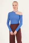 Mavi Tek Omuz Yakası İpli Kaşkorse Crop Bluz CO-2523254279