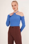 Mavi Tek Omuz Yakası İpli Kaşkorse Crop Bluz CO-2523254279