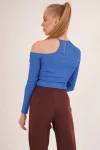 Mavi Tek Omuz Yakası İpli Kaşkorse Crop Bluz CO-2523254279