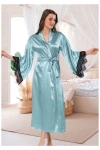 Mint Yeşili Saten Dantel Detaylı Kimono Uzun Sabahlık BCAN-255903FA