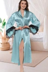 Mint Yeşili Saten Dantel Detaylı Kimono Uzun Sabahlık BCAN-255903FA