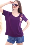 Mürdüm V Yaka Nakış İşlemeli Boyfriend Kısa Kol Bluz CO-257130562