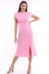 Pembe Büzgülü Yırtmaçlı Kısa Kol Elbise CO-2521333815