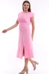 Pembe Büzgülü Yırtmaçlı Kısa Kol Elbise CO-2521333815