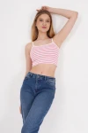 Pembe İnce Askılı Çizgili Kaşkorse Crop Bluz CO-2523254291
