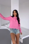Pembe Tek Cepli Yarım Patlı Düğmeli Muslin Keten Dokuma Bluz BCBT-251004