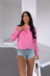 Pembe Tek Cepli Yarım Patlı Düğmeli Muslin Keten Dokuma Bluz BCBT-251004