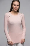 Pudra İki Omuzu İncili Uzun Kol Yumoş Bluz CO-257440938