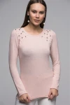 Pudra İki Omuzu İncili Uzun Kol Yumoş Bluz CO-257440938