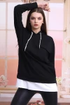 Siyah 2 İplik Kapüşonlu Cepli Etek Garnili Uzun Sweatshirt CO-2521404011
