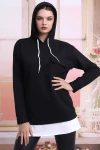Siyah 2 İplik Kapüşonlu Cepli Etek Garnili Uzun Sweatshirt CO-2521404011