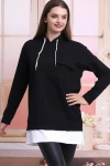 Siyah 2 İplik Kapüşonlu Cepli Etek Garnili Uzun Sweatshirt CO-2521404011