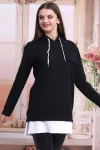 Siyah 2 İplik Kapüşonlu Cepli Etek Garnili Uzun Sweatshirt CO-2521404011