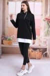 Siyah 2 İplik Kapüşonlu Cepli Etek Garnili Uzun Sweatshirt CO-2521404011