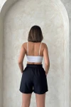 Siyah Beli Büzgülü Kuşak Detaylı Lastikli Keten Şort BCHN-2525265