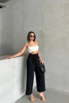 Siyah Beli Kuşaklı Keten Dokuma Pantolon BCHN-2525329