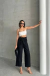 Siyah Beli Kuşaklı Keten Dokuma Pantolon BCHN-2525329