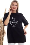 Siyah Bisiklet Yaka Baskılı Oversize Tişört CO-2520333402