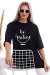 Siyah Bisiklet Yaka Baskılı Oversize Tişört CO-2520333402
