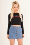 Siyah Bisiklet Yaka Baskılı Pamuklu Crop Bluz CO-2523254241