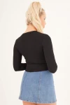 Siyah Bisiklet Yaka Baskılı Pamuklu Crop Bluz CO-2523254241