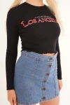 Siyah Bisiklet Yaka Baskılı Pamuklu Crop Bluz CO-2523254241
