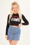 Siyah Bisiklet Yaka Baskılı Pamuklu Crop Bluz CO-2523254244