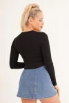 Siyah Bisiklet Yaka Baskılı Pamuklu Crop Bluz CO-2523254244