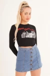 Siyah Bisiklet Yaka Baskılı Pamuklu Crop Bluz CO-2523254244