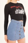 Siyah Bisiklet Yaka Baskılı Pamuklu Crop Bluz CO-2523254244