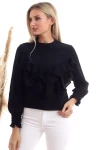 Siyah Bisiklet Yaka Volanlı Uzun Kol Dokuma Bluz CO-2520333355