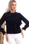 Siyah Bisiklet Yaka Volanlı Uzun Kol Dokuma Bluz CO-2520333355
