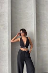 Siyah Dekolteli Crop Bluz Ve Pantolonlu Keten Dokuma Alt Üst Takım BCHN-25255012