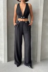 Siyah Dekolteli Crop Bluz Ve Pantolonlu Keten Dokuma Alt Üst Takım BCHN-25255012
