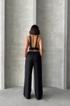 Siyah Dekolteli Crop Bluz Ve Pantolonlu Keten Dokuma Alt Üst Takım BCHN-25255012