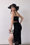 Siyah Fırfır Detaylı Crop Bluz Ve Etek Triko İkili Takım BCDF-241082