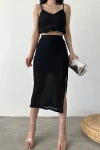 Siyah Fırfır Detaylı Crop Bluz Ve Etek Triko İkili Takım BCDF-241082