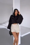 Siyah Geniş Yaka Yarasa Kol Muslin Kumaş Keten Bluz BCBT-251003