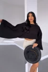 Siyah Geniş Yaka Yarasa Kol Muslin Kumaş Keten Bluz BCBT-251003