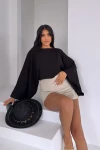 Siyah Geniş Yaka Yarasa Kol Muslin Kumaş Keten Bluz BCBT-251003