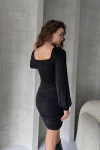 Siyah Kare Yaka Drapeli Mini Elbise BCDF-252140