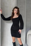 Siyah Kare Yaka Drapeli Mini Elbise BCDF-252140