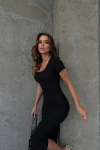 Siyah Kare Yaka Kısa Kollu Kaşkorse Elbise BCOR-252057