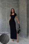 Siyah Kare Yaka Kısa Kollu Kaşkorse Elbise BCOR-252057