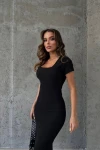 Siyah Kare Yaka Kısa Kollu Kaşkorse Elbise BCOR-252057