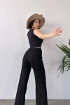 Siyah Kruvaze Yaka Crop Bluz Ve Detaylı Pantolon Triko  İkili Takım BCDF-241081