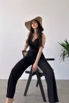 Siyah Kruvaze Yaka Crop Bluz Ve Detaylı Pantolon Triko  İkili Takım BCDF-241081