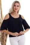 Siyah Omuzu Açık Beli Lastikli Kısa Kol Ayrobin Dokuma Bluz CO-2520333451